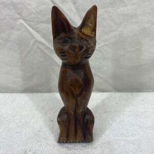 Hand Carved Wooden Cat Figurine 6 Inch Rustic Brown Folk Art Statue Decor